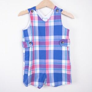 Bella Bliss Baby Boys Plaid Jon‎ Jon Romper Blue Red 12 Months